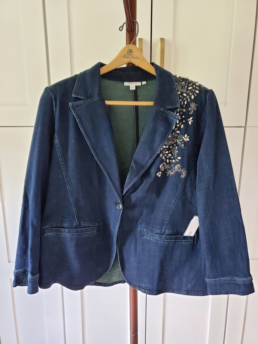 Chico's Navy Denim Embroidered Blazer